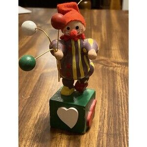 Vintage Wooden Clown Balloons Christmas Ornament Red Nose Yellow Purple Shirt